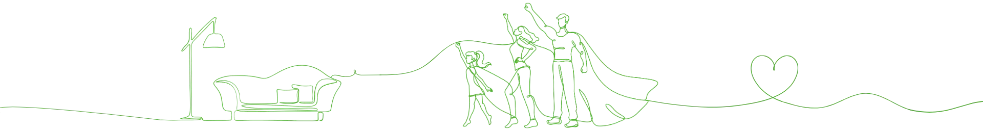 Wohnheld Illustration Grüne, minimalistische Illustration von Inneneinrichtung, Heldenfamilie und Herz